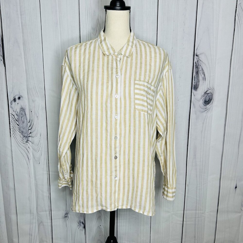 J. Jill Love Linen Long Sleeve Button Front Shirt Women Sz LP Petite Tan Striped